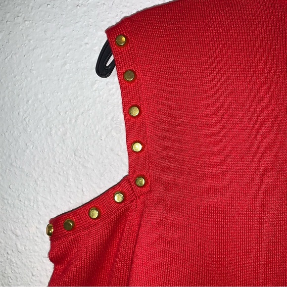 Michael Kors Red Holiday gold studded mock-neck cold shoulder Sweater L luxury - Picture 6 of 11